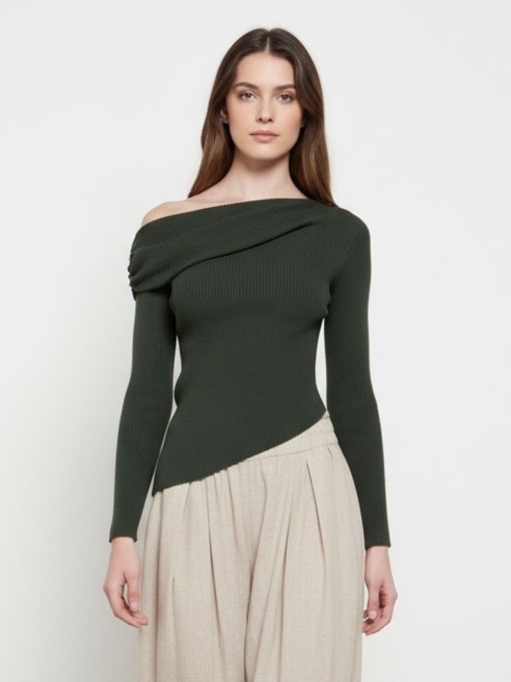 1630 • Dusk Green Viscose Blend Ultra Soft Asymmetric Long Sleeve Sweater top